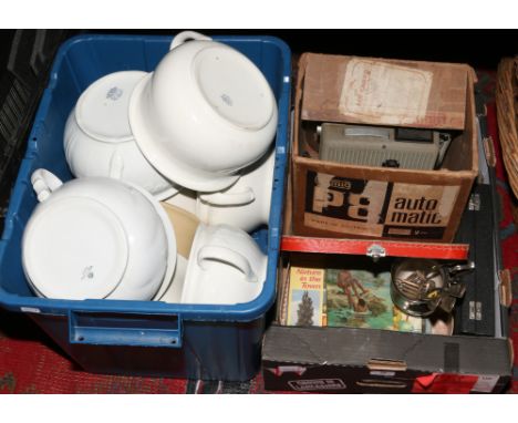 Two boxes of miscellaneous to include chamber pots, ladybird books, cased Allbrit Planimeter, silver plate and a Eumig P8 pro