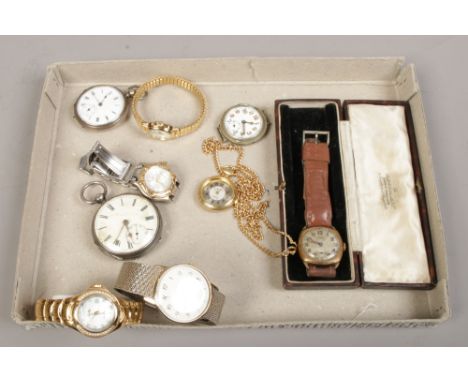 A collection of wristwatches, pocket watches etc to include silver pocket watch, manual Rone sportsmans wristwatch etc.