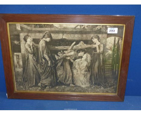 A late 19th century Mezzotint of a sick bed scene in the Pre Raphaelite taste in original reeded frame, 15" x 21".