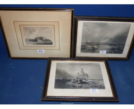 A pair of Engravings by J. Cousen after prints by J.M.W. Turner including St. Michael's Mount, Cornwall and "Boats off Calais