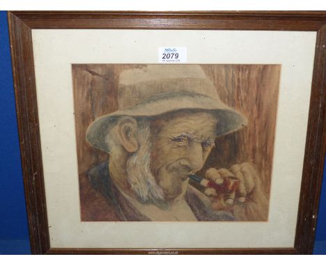 A wooden framed and mounted Watercolour depicting a Gentleman wearing a hat and smoking a pipe, no visible signature, 17 1/4"