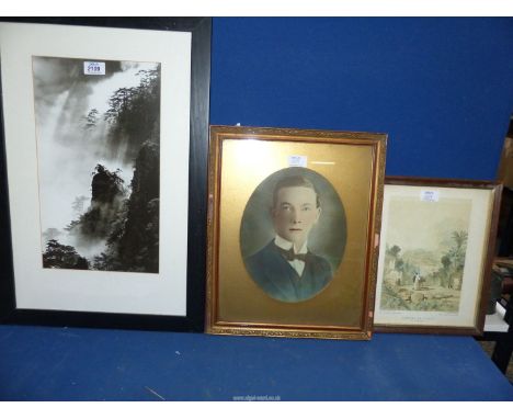 A black framed Print of a mountain landscape, a framed oval mounted Portrait of a young gentleman and a print entitled Camera