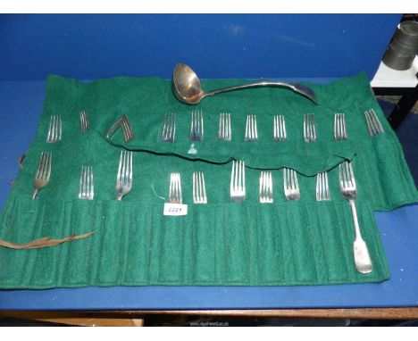 A plated Mappin & Webb ladle, two green felt cutlery rolls with plated dinner and breakfast forks.