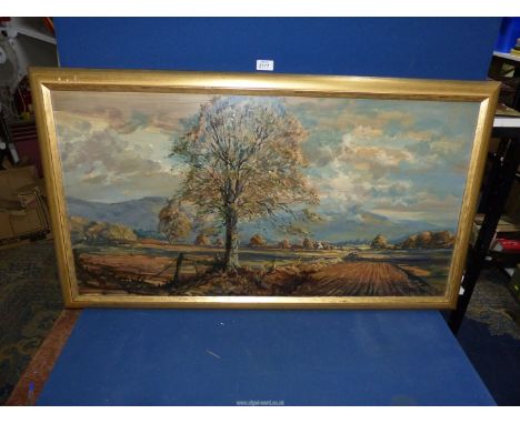 A large gilt framed Oil painting depicting a country landscape with rolling hills in the distance by the Newport artist, R. G