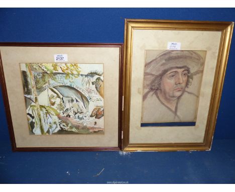 A framed and mounted unsigned Print of Portrait of man in a wide-brimmed hat (original by Lucas Cranach), along with a framed