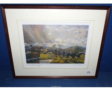 A framed and mounted Limited Edition racing Print depicting horses jumping the water at Newton Abbots, no. 97/500, entitled "