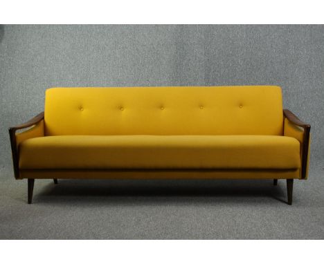 Sofa, mid century teak framed in original upholstery. H.78 W.200 D.79 cm. 