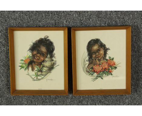 A pair of portrait prints of Australian children holding flowers and a Koala. Signed P. Maltby’. Framed and glazed. H.24 x W.