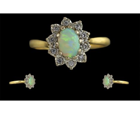 Ladies 18ct Gold Pleasing Diamond and Opal Cluster Ring, Full Hallmark to Interior of Shank for Birmingham. The Pleasing Opal