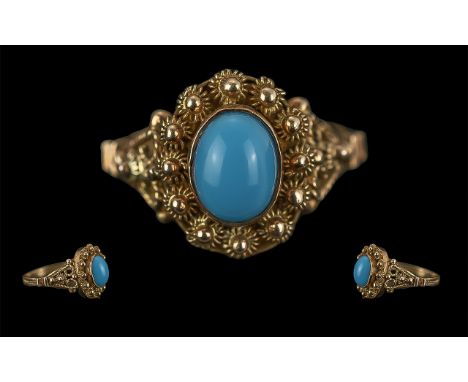 Antique Period Pleasing 15ct Gold Single Stone Turquoise Set Ring, Ornate Shank / Setting. Turquoise Stone - Strong Colour. R