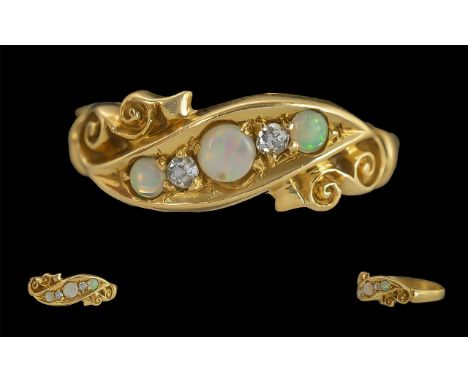Antique Period - Attractive 18ct Gold Opal and Diamond Set Ring. c.1910 - 1911. Opals and Diamonds of Pleasing Colour. Ring S