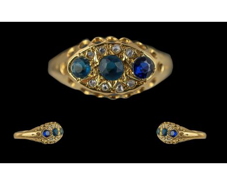 Antique Period Attractive Ladies 18ct Gold Sapphire and Diamond Set Ring with raised openwork setting of pleasing design, hal