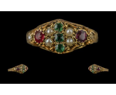 Antique Period Ladies Superb 15ct Gold Ruby Emerald and Seed Pearl Set Ring with ornate setting, full hallmark for Birmingham