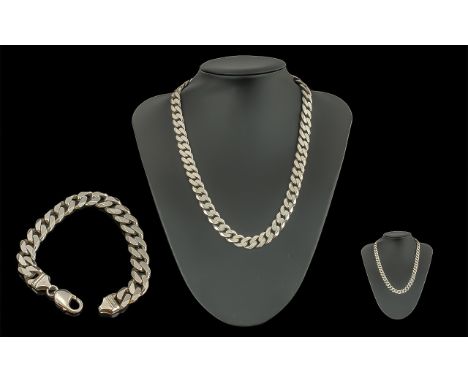 Vintage Heavy Gents Sterling Silver Curb Necklace and Matching Curb Bracelet. Both Marked 925 Silver, With Lobster Claw Clasp