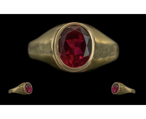 10ct Gold - Pleasing Vintage Single Stone Red Spinel Set Ring. Marked 9ct to Interior of Shank. Spinel of Excellent Deep Colo