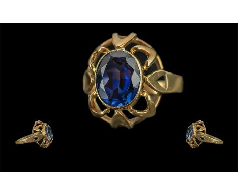 Antique Period Quality Ladies 15ct Gold Single Stone Blue Spinel Set Ring, Not Marked but Tests 15ct - 625, The Faceted Blue 