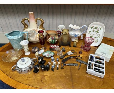 Miscellaneous Box of Pottery, Porcelain, Glass &amp; Collectibles, including a large antique twin handled Old Hall vase, two 