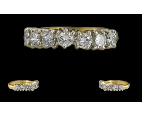 Ladies 18ct Gold Excellent 7 Stone Diamond Set Ring, Full Hallmark to Interior of Shank. The Seven Well Matched Diamonds of E