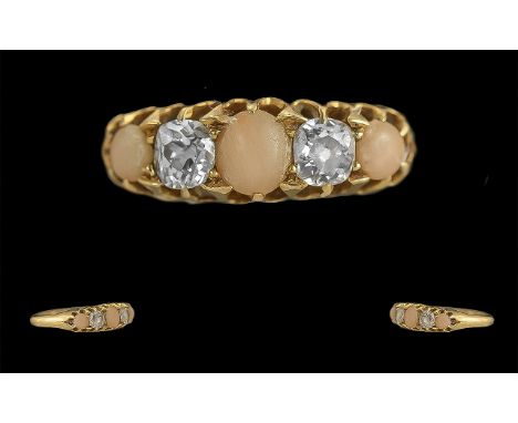 Antique Period - Pleasing Quality Ladies 18ct Gold 5 Stone Diamond and Pearl Set Ring, Gallery Setting. Full Hallmark to Inte