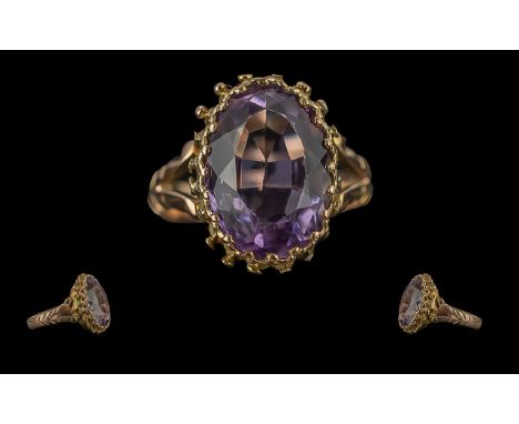 Antique Period Ladies Attractive 9ct Gold Single Stone Amethyst Set Ring. the ornate shank and setting marked 9ct to interior