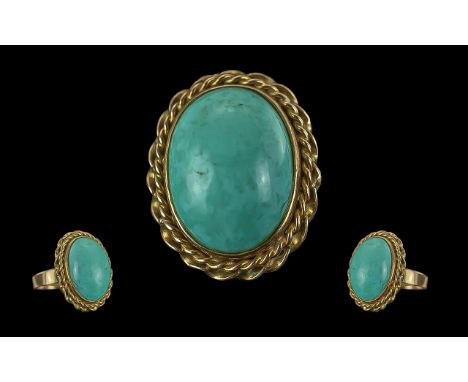 Ladies Attractive and Impressive 9ct Gold Single Stone Turquoise Stone Set Statement Ring, Marked 9ct to Interior of Shank. T