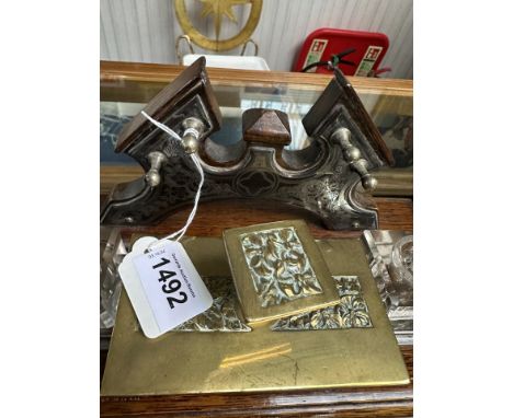 Vintage Desk Set, wooden base with two glass inkwells, central cartouche, measures 12.5'' wide x 5.5'' high x 6.5'' wide.  To