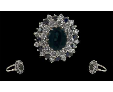 Ladies Impressive 18ct White Gold Blue Sapphire and Diamond Set Large Cluster Ring, marked 18ct to interior of shank, the cen