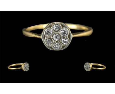 Antique Period Pleasing 18ct Gold - Petite Diamond Set Cluster Ring, The Well Matched Pave Set Diamonds of Good Colour. Ring 