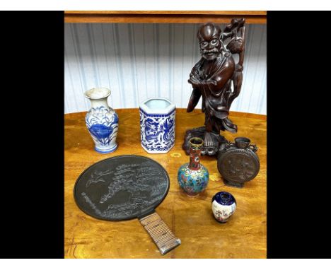 Collection of Oriental Items, comprising carved wooden figure, vases, hand mirror, moon flask with character marks, small Sat