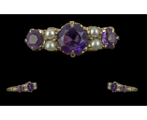 Ladies Antique Period 9ct Gold Amethyst and Seed Pearl Set Ring - Raised Openworked Setting. Full Hallmark To Interior Of Sha