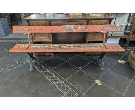 Large Antique Railway Bench, wooden seat and movable back, cast iron supports.  Measures 7' length x  32'' height.