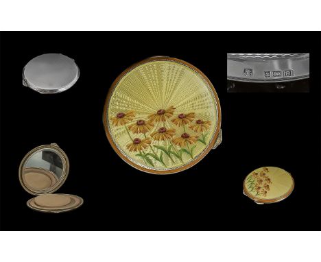 Ladies 1930's Sterling Silver and Enamel Set Compact, Decorated with Floral Images Ground with Fan Light Yellow Ground, Size 