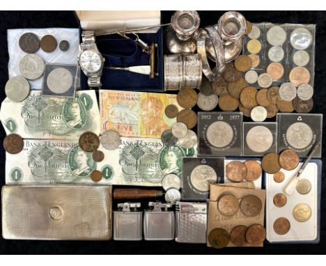 Mixed Lot to include mostly low value coins, commemorative Crowns, 1953 Year Set, odd silver to include a cigarette case, ban