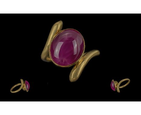 Ladies Superb Quality Contemporary 18ct Gold Single Stone Ruby Set Ring, full hallmark to interior of shank, the large caboch