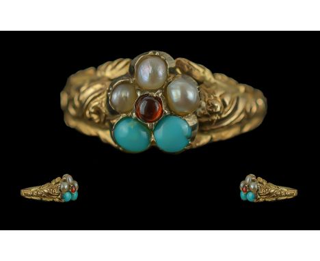 Mid Victorian Period 15ct Gold Ornate Petite Turquoise Seed Pearl and Ruby Set Ring. c.1860. Not Marked but Tests High Ct Gol
