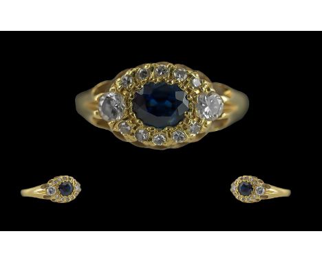 Antique Period Ladies Pleasing Design 18ct Gold Petite Diamond and Sapphire Set Ring, full hallmark to interior of shank, the