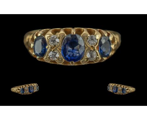 Edwardian Period Ladies 18ct Gold Sapphire And Diamond Set Ring - Raised Open Worked Setting. Full Hallmark To Interior Of Sh