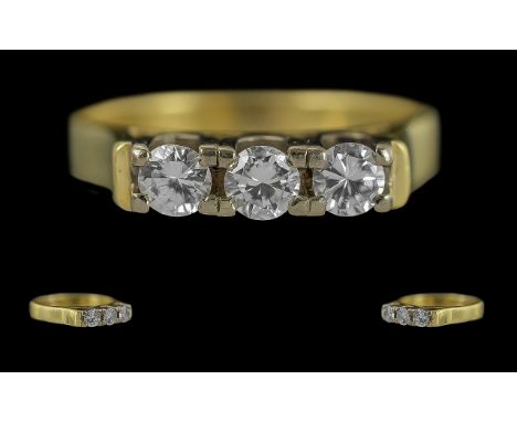 Ladies 14ct Gold Pleasing Quality 3 Stone Diamond Set Ring. Full Hallmark to Interior of Shank. The Trio of Excellent Diamond
