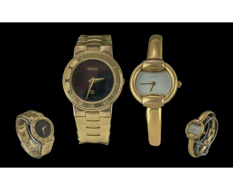 Ladies Gucci Wristwatch Ref 3300L Gold Plated Case And Bracelet. Black Dial, + 1 Other Ladies Gucci 1400L, Both  Complete Wit