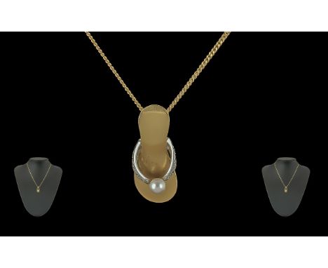 Ladies Contemporary Design Quality 18ct Gold Diamond and Pearl Set Pendant in the form of a ladies shoe, attached to an 18ct 