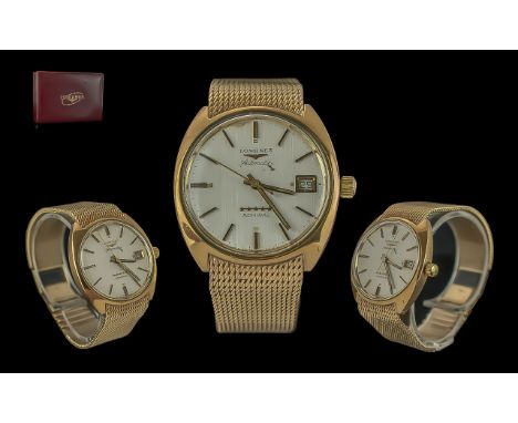 Longines - Gents Solid Admiral 9ct Gold Mechanical Automatic Integral Bracelet Wrist Watch, c.1960's. Features Fine Mesh Brac