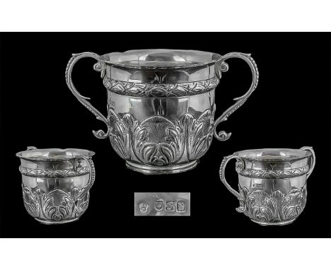 Victorian Period - Fine Sterling Silver Two Handle Porringer with Embossed Decoration to Body of Solid Construction, Makers M
