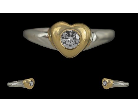 Ladies Pleasing Quality 18ct Two Tone Gold Single Stone Diamond Set Ring, set in a heart shaped mount, full hallmark to inter
