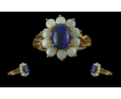 Ladies 9ct Gold Pleasing Quality Triple Blue Opal and Pale Opal Set Cluster Ring, The Central Blue Triple Opal of Stunning Co