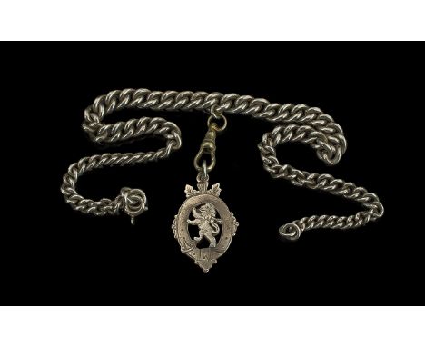 Edwardian Period 1901 - 1910 Excellent Sterling Silver Double Albert Watch Chain and Medal, all links stamped with Lion Passa