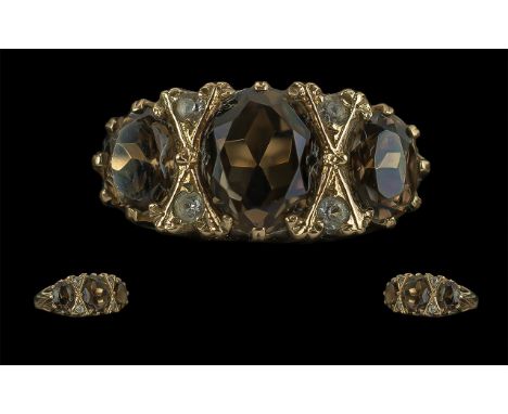 Ladies 9ct Gold Smoky Topaz and Diamond Set Ring with raised, open work setting, full hallmark to inside of shank;  ring size