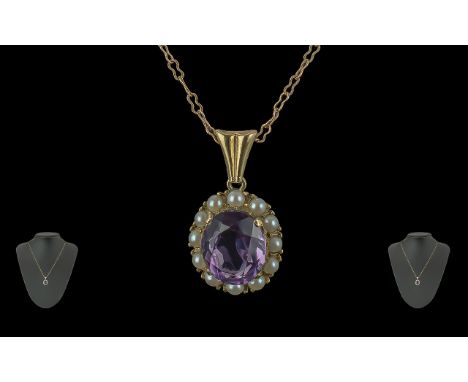 Edwardian Period 1901 - 1910 Ladies 9ct Gold Amethyst and Seed Pearl Set Pendant and Attached Long 9ct Gold Chain, Marked for
