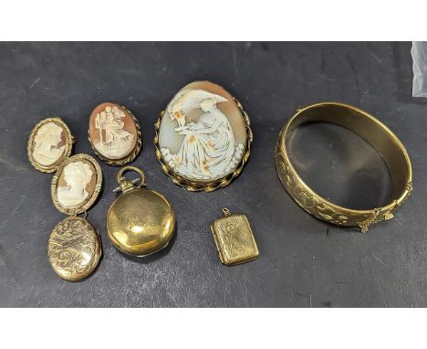 A Small Collection of Jewellery to include a large 9ct gold cameo, a 1/5th 9ct rolled gold bangle, two fully hallmarked 9ct g