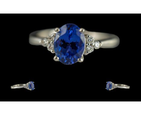 Ladies Superb Quality Platinum Tanzanite And Diamond Set Ring - Marked 950 PT To Interior Of Shank. The Oval Faceted Tanzanit
