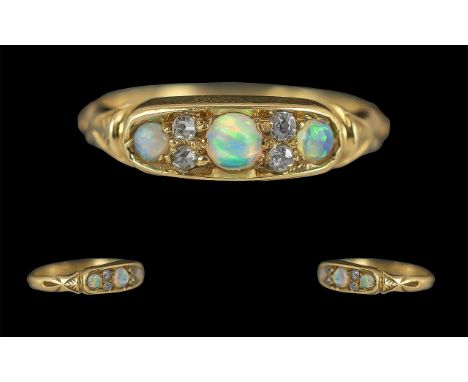 Victorian Period 1837 - 1901 Ladies 18ct Gold Pleasing Opal and Diamond Set Ring, Opals and Diamonds of Pleasing Colour. Full